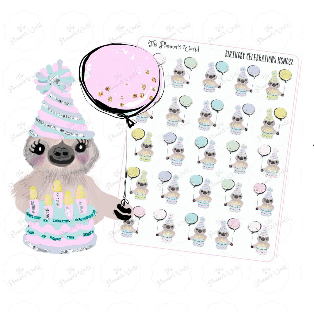 Birthday planner Stickers - Mona the Sloth planner stickers - The Planner's World