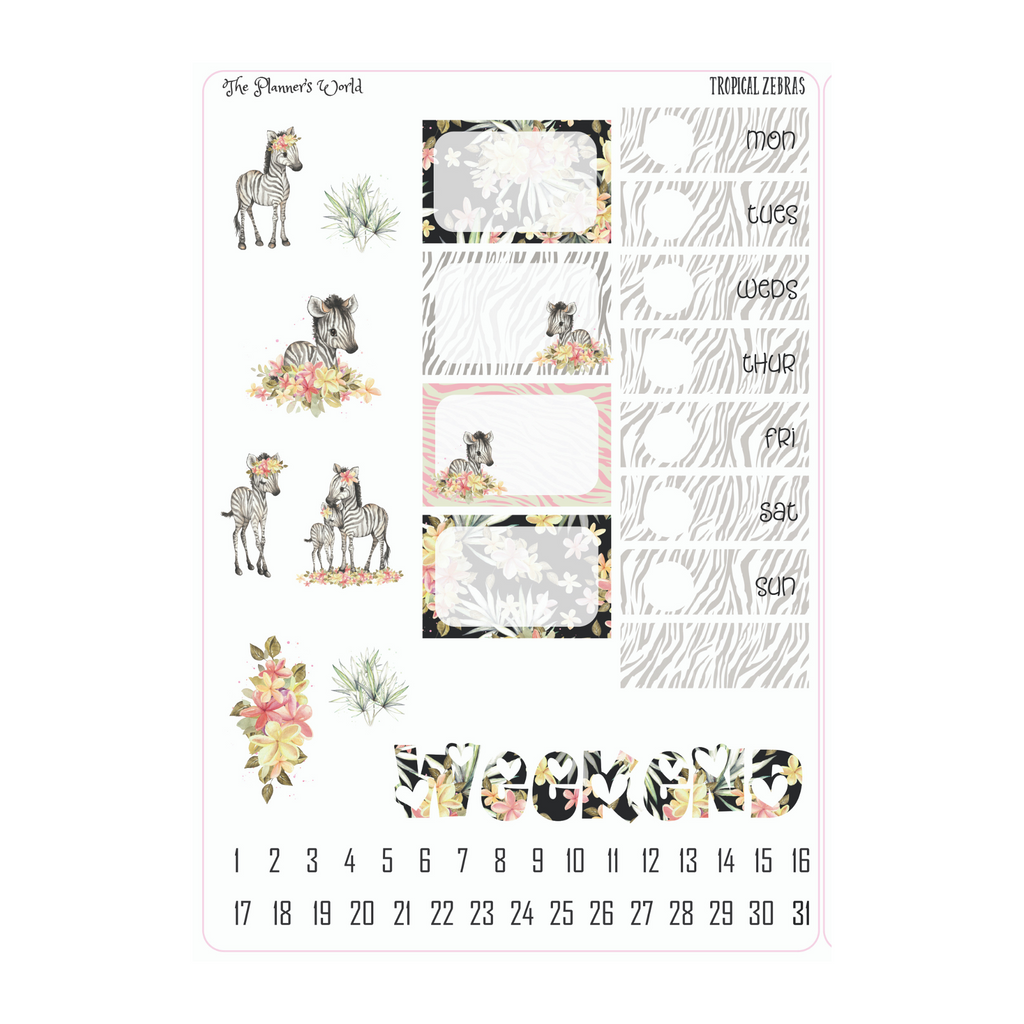 Baby Tropical Zebras weekly vertical Sticker Kit -Zebra Stickers - The Planner's World