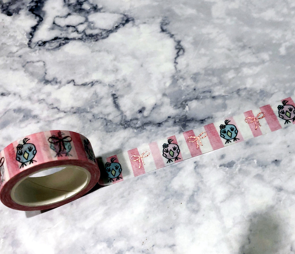 Cute Pastel Pink Foil bow Washi Tape- exclusive kawaii striped character planner washi tape - Featherbies - The Planner's World