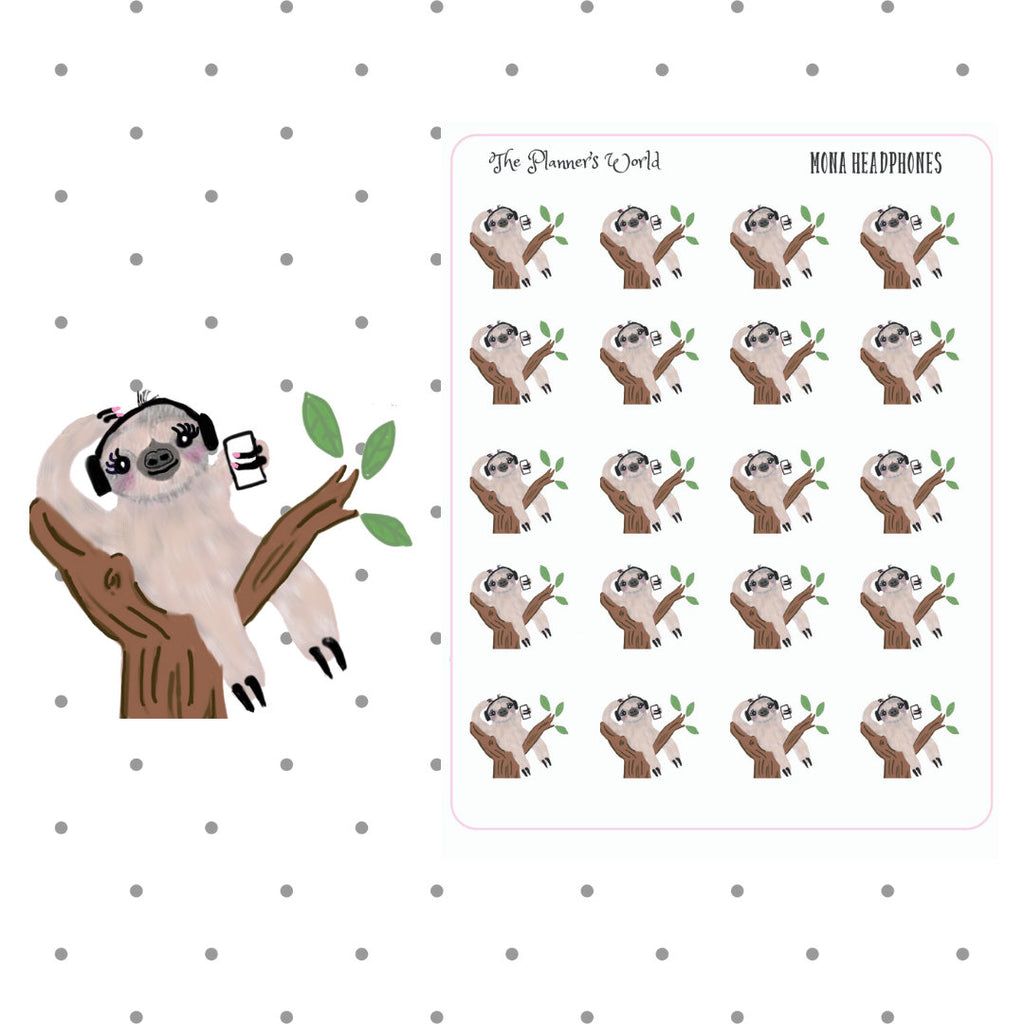 Mona headphones sticker - sloth sticker - podcast stickers - The Planner's World