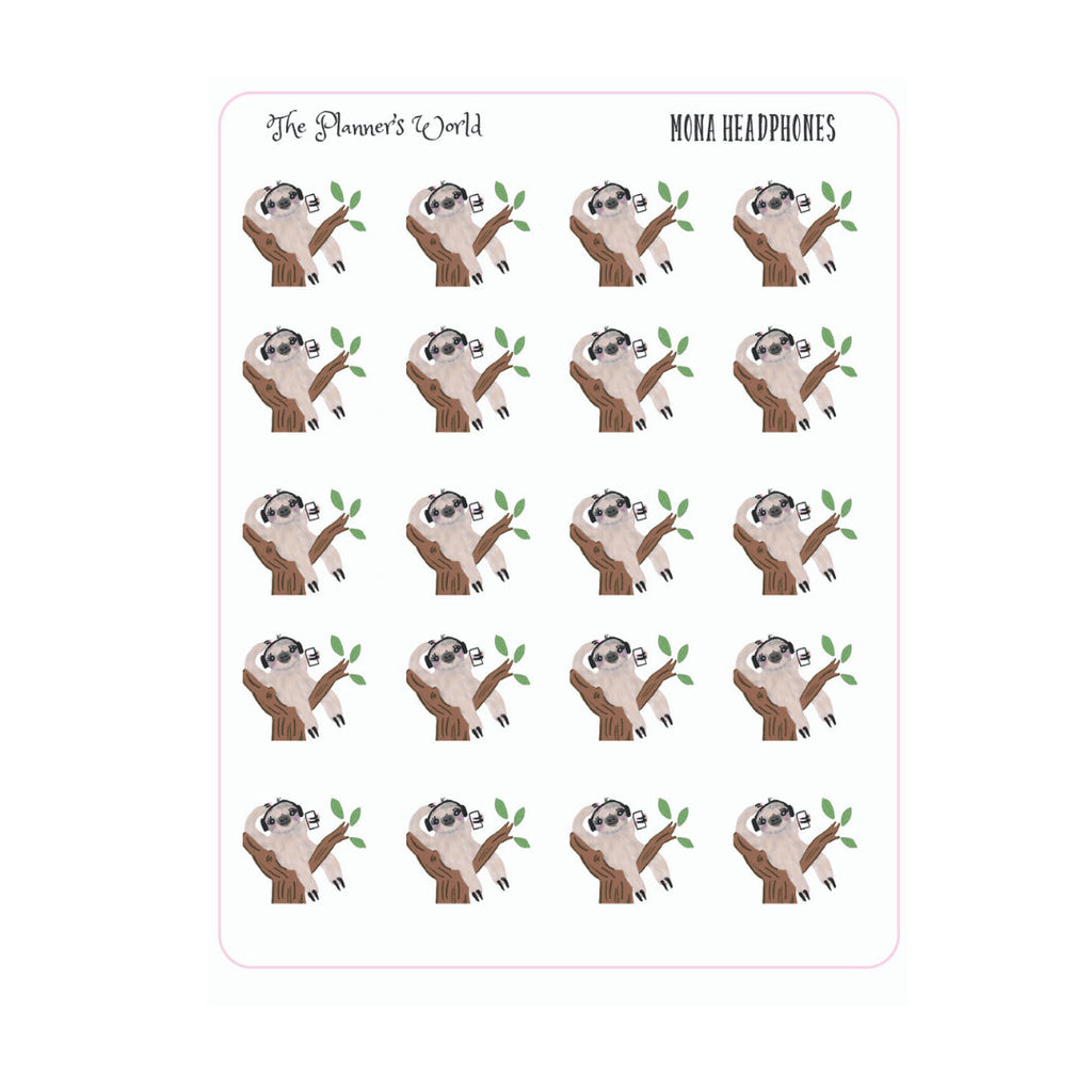 Mona headphones sticker - sloth sticker - podcast stickers - The Planner's World