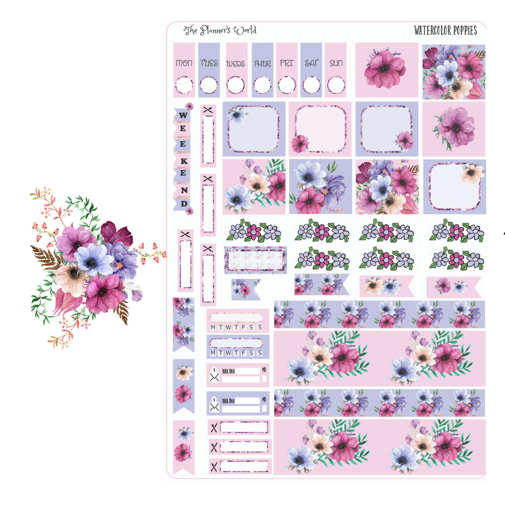 Watercolor Poppies Hobonichi Weeks Planner Sticker Kit - The Planner's World