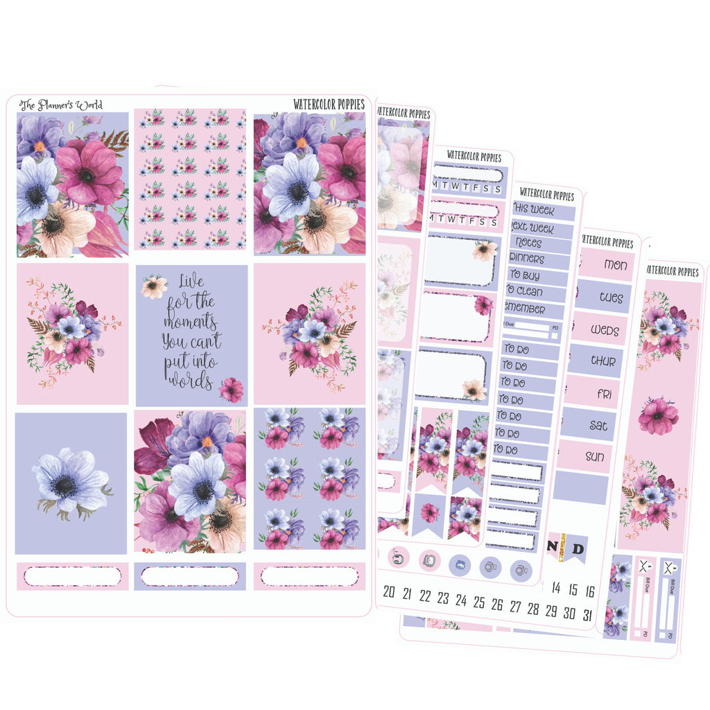 Watercolor Poppies Weekly standard Vertical Planner Sticker Kit - The Planner's World