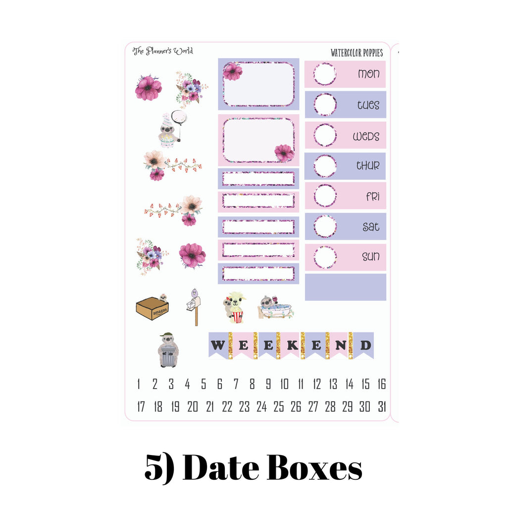 Watercolor Poppies Weekly standard Vertical Planner Sticker Kit - The Planner's World