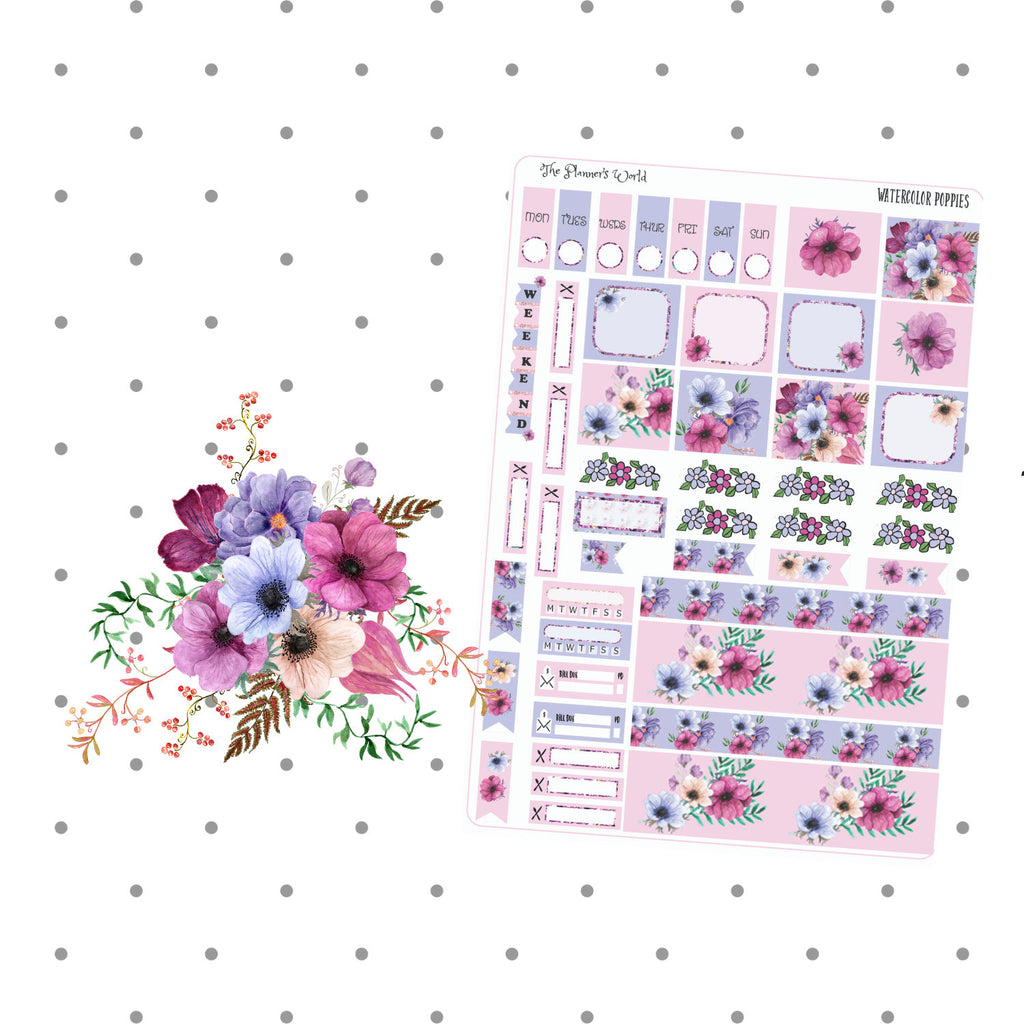 Watercolor Poppies Hobonichi Weeks Planner Sticker Kit - The Planner's World