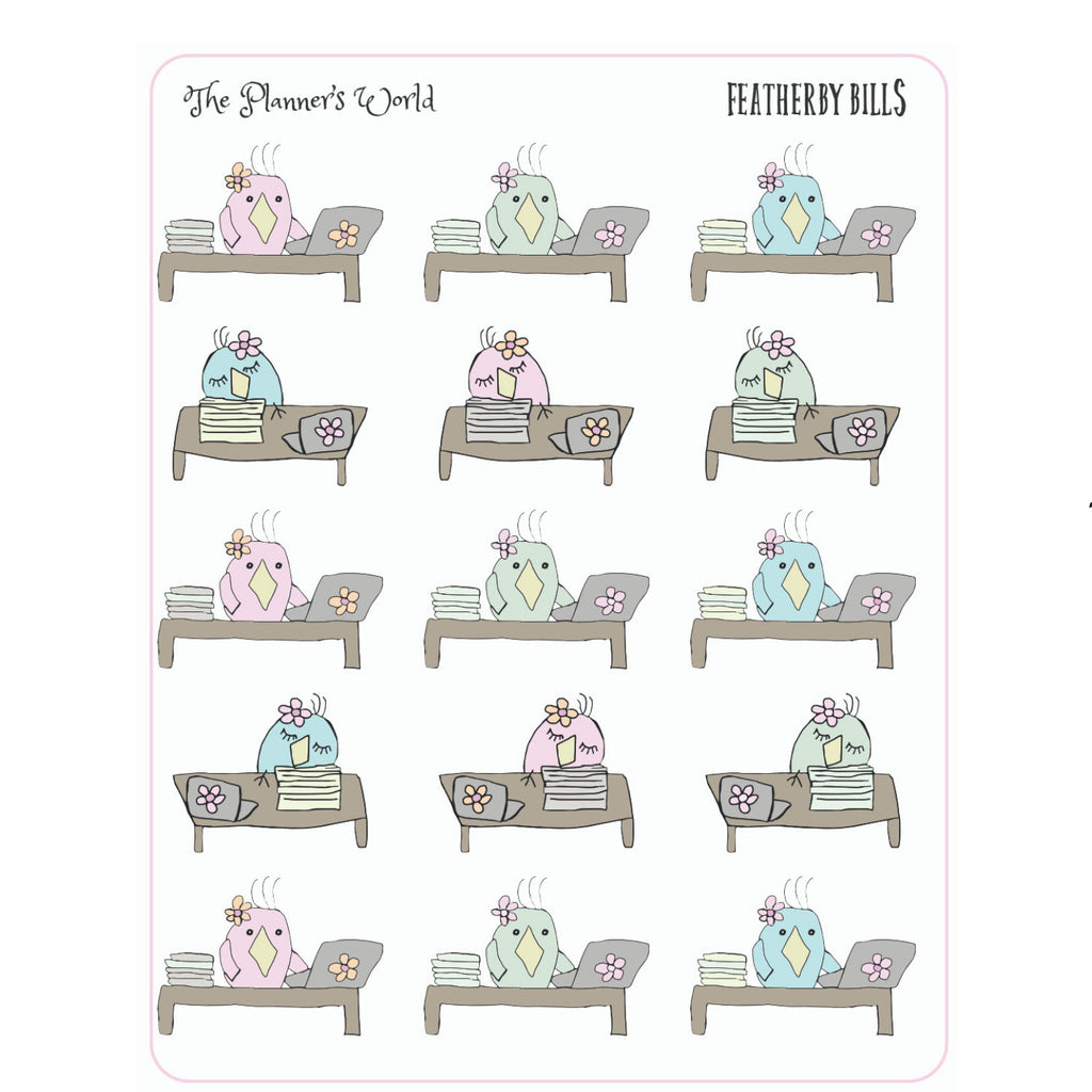 Bill Due Stickers - Pay Bill Stickers - Bill due stickers - featherbies planner character stickers - hand drawn planner stickers - The Planner's World